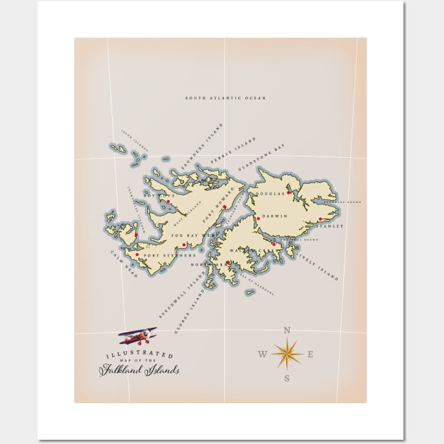 Illustrated map of the British Falkland Islands Wall Art by nickemporium1